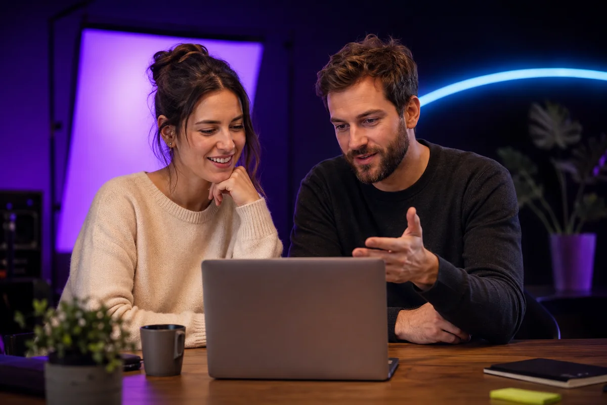 Two people reviewing a laptop together in a creative workspace
